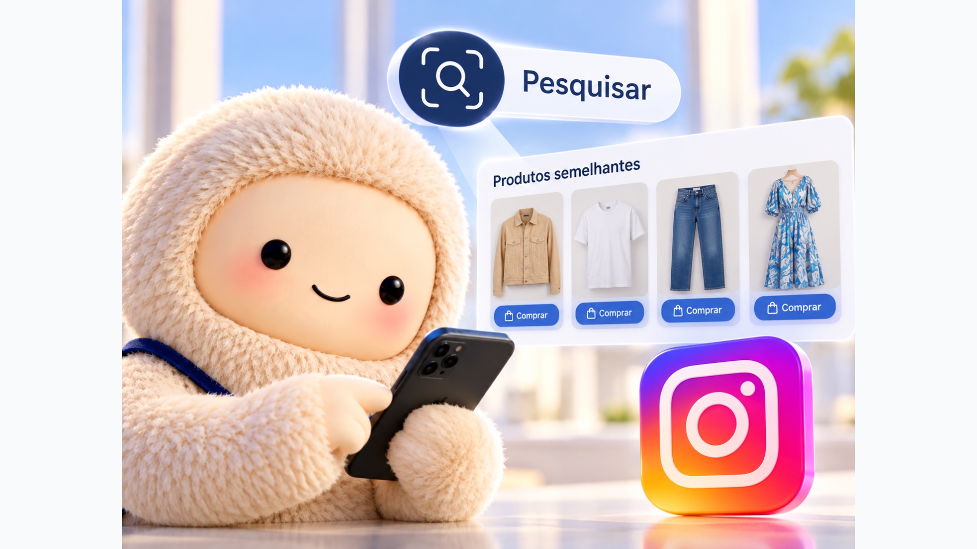 Ilustração do Muse com celular, símbolo do Instagram e sugestões de produtos ao fundo.